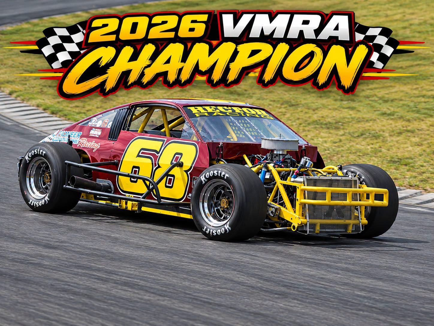 Bart Hecter Jr's #68 Hector Racing modified on track under a 2026 VMRA Champion banner